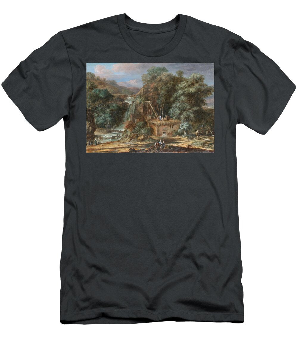 A River Landscape with Figures Constructing an Aqueduct Beside Waterfalls Oriental Figures and Camel Christoph Ludwig Agricola T-Shirt