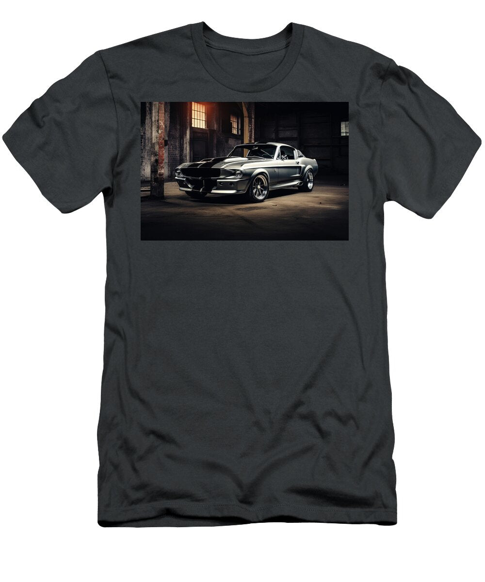 Classic Ford Mustang Shelby in Silver Parked in a Vintage Wareho Boyan Dimitrov T-Shirt